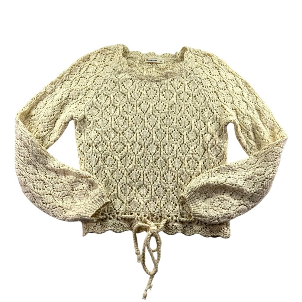 Marine Layer Manzanita Crochet Sweater XS Cream Pointelle Knit Tie Hem Boho